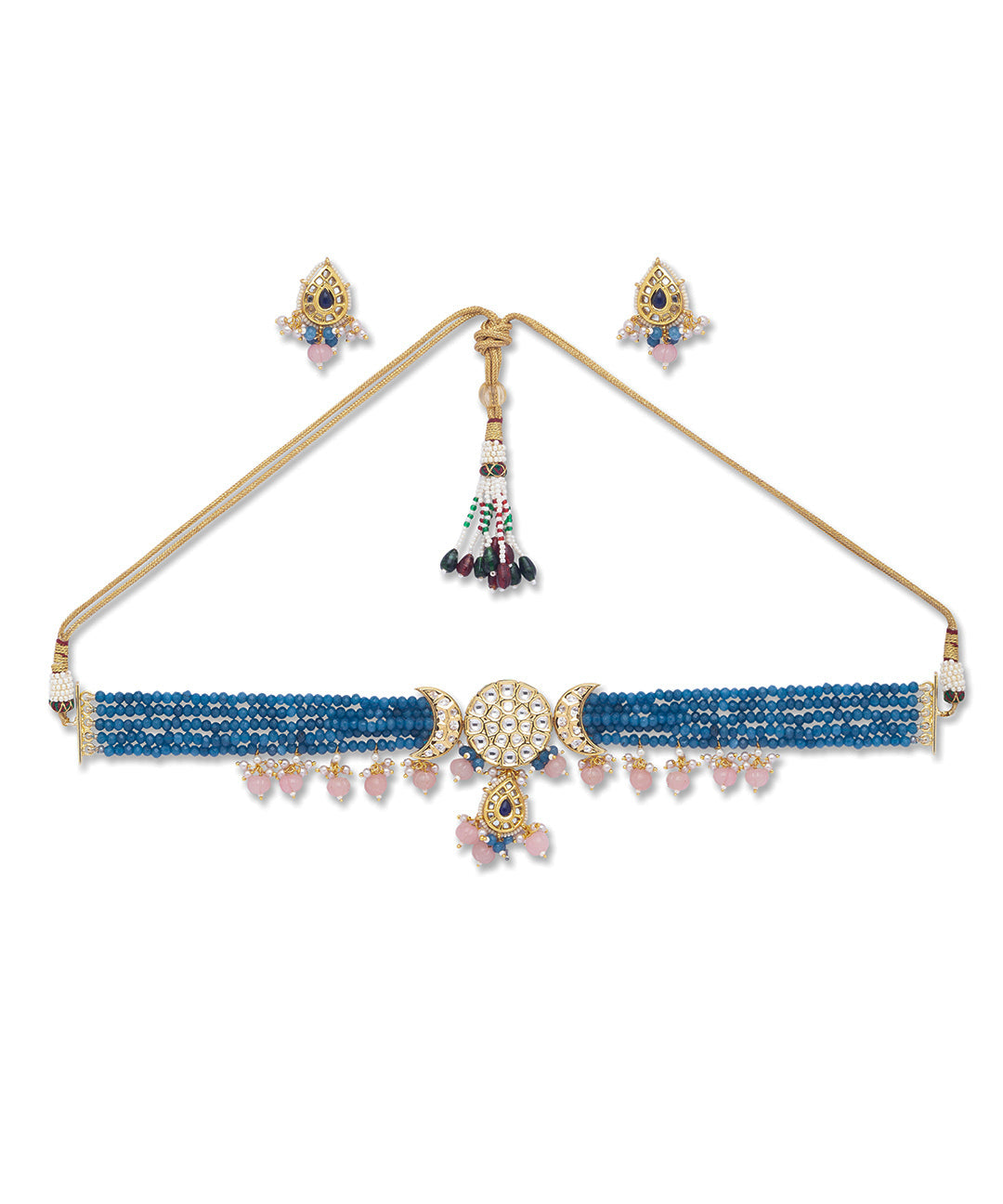 Watermelon Agate Kundan Polki Necklace with Onyx Tumbles
