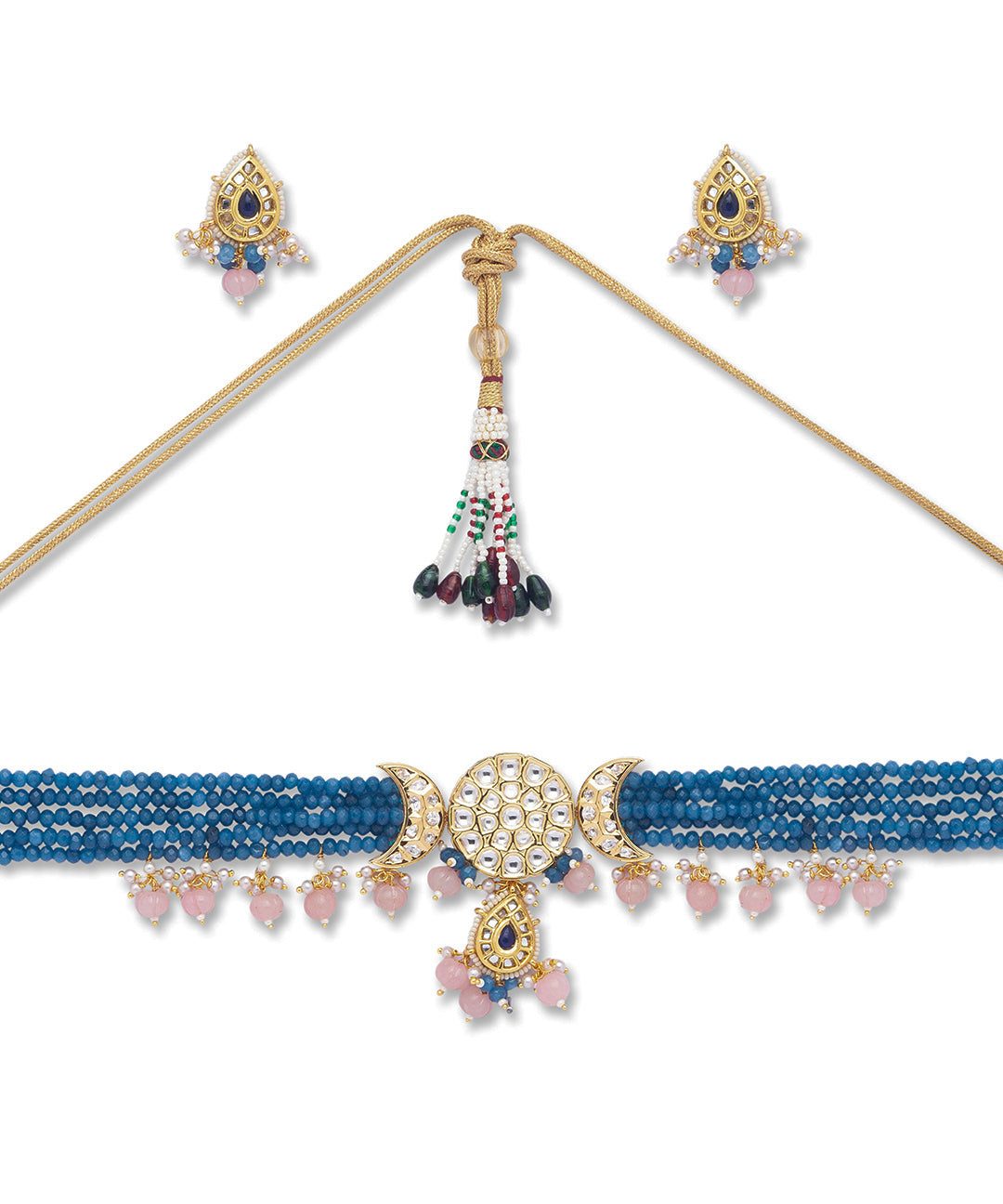 Watermelon Agate Kundan Polki Necklace with Onyx Tumbles