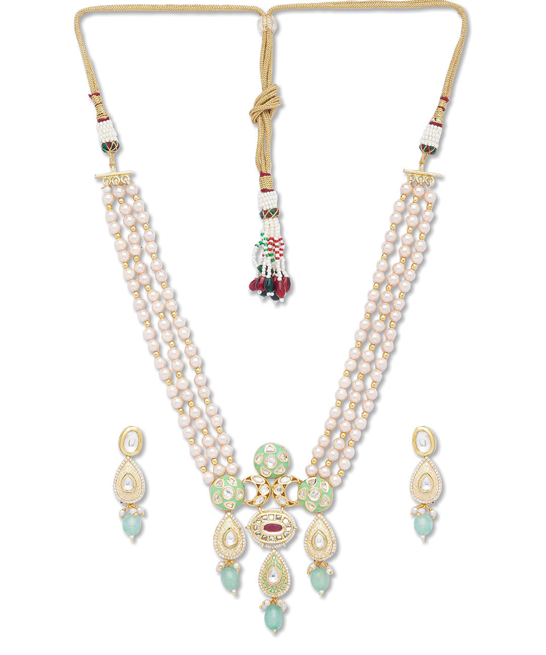 Golden, Mint Green, Creamy Pink Pearls,, Kundan  Necklace Set