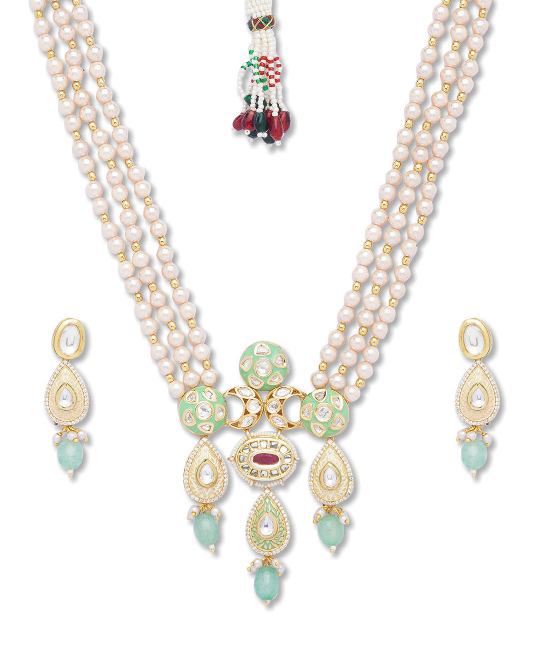 Golden, Mint Green, Creamy Pink Pearls,, Kundan  Necklace Set