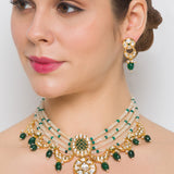 Golden, Crème, Green, Kundan Polki, Necklace Set with Onyx .