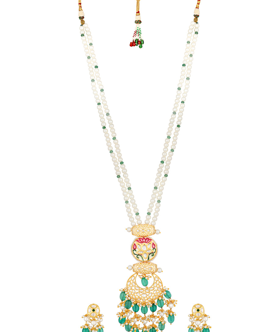 Golden, Mint Green Agates, Kundan Polki Necklace Set