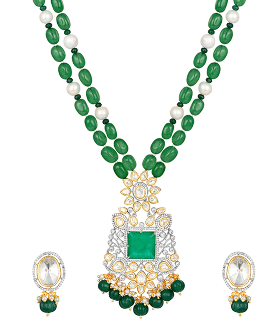 Golden, Oxidised and Green Kundan Polki Necklace Set