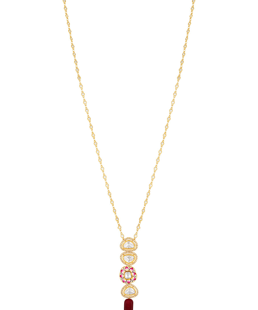 Micron gold polished diamante chain, Kundan Polki, Onyx tumble, Hand-Paint Meena