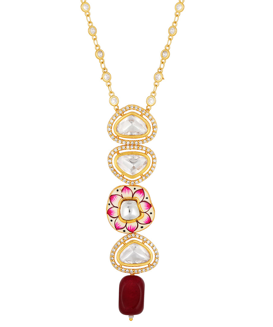 Micron gold polished diamante chain, Kundan Polki, Onyx tumble, Hand-Paint Meena
