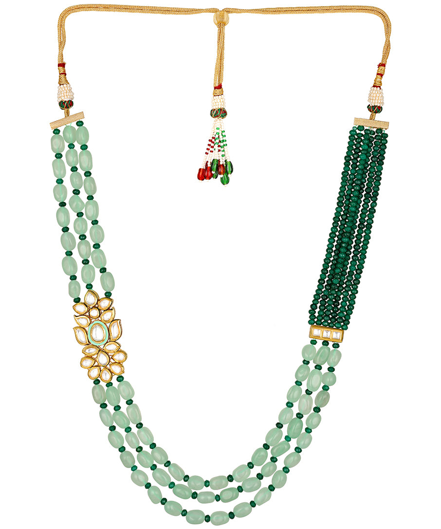 Golden, Mint Green, Dark Green Agates, Hand -Paint Meena Necklace Set