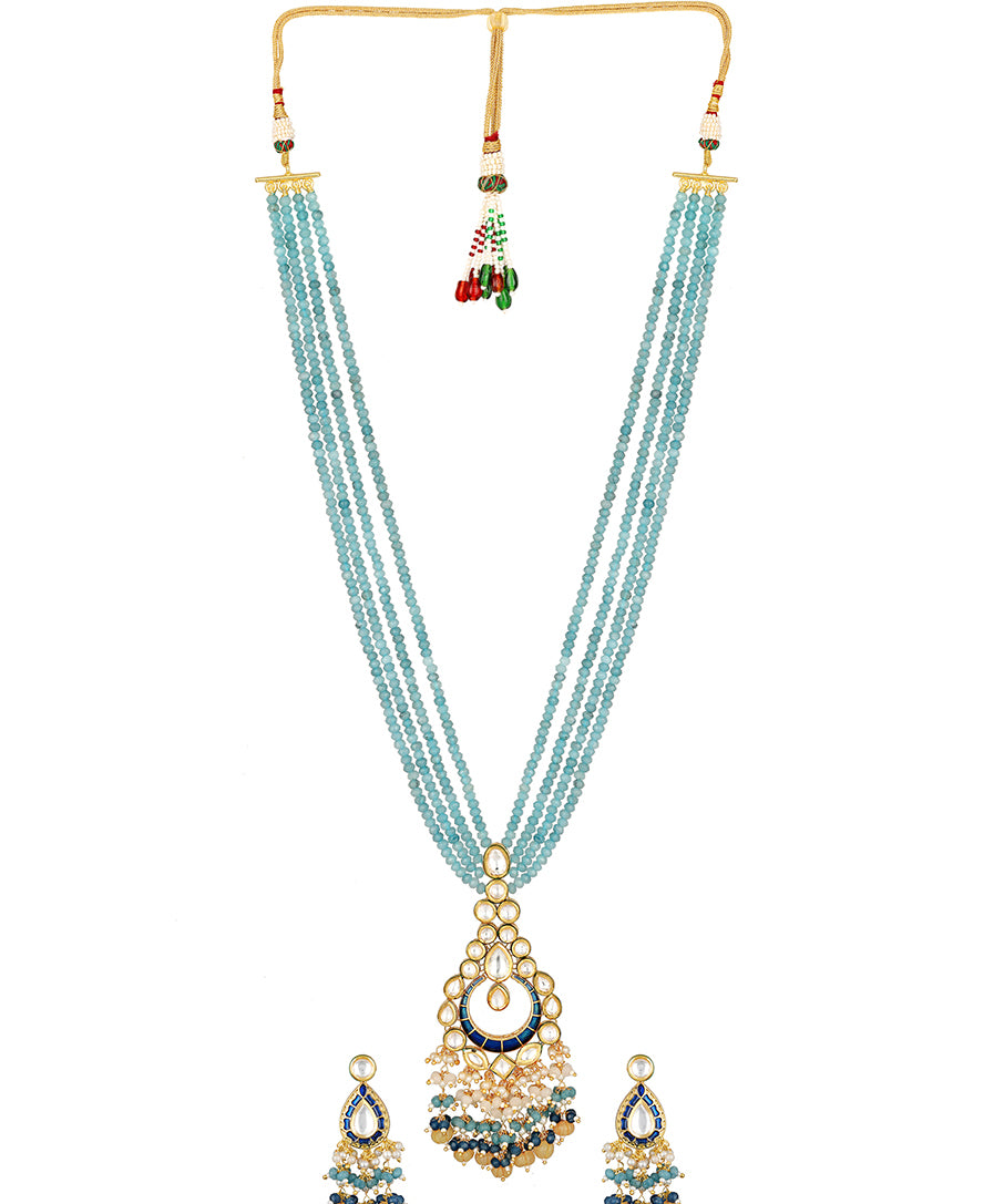 Golden and Royal Blue Hand-paint meena, Kundan Polki Necklace Set