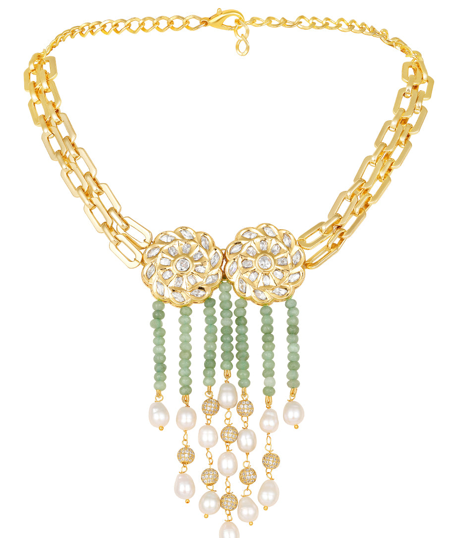 Golden, Mint, Light Green Agates, CZ Diamond balls, Kundan Polki Necklace