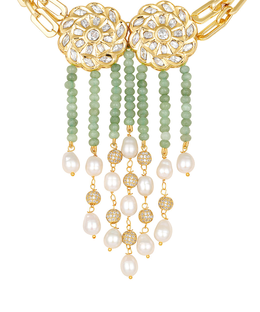 Golden, Mint, Light Green Agates, CZ Diamond balls, Kundan Polki Necklace