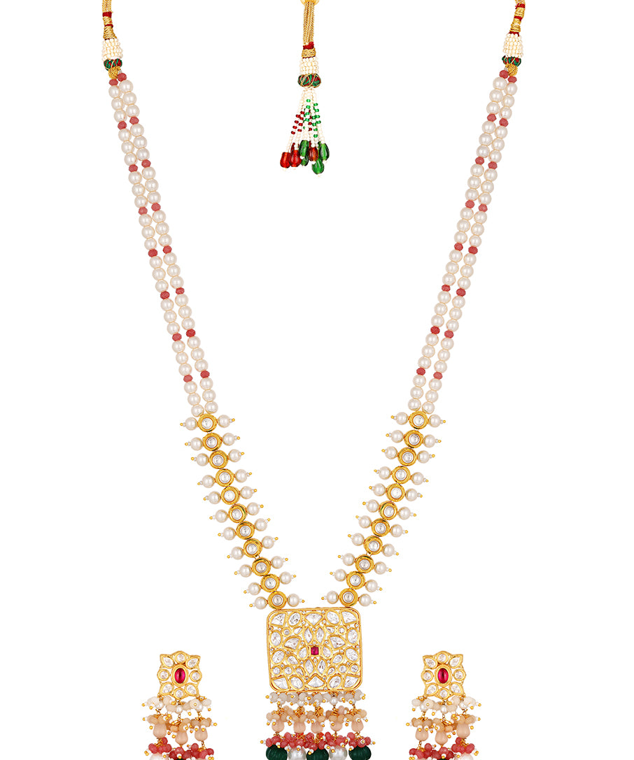 Micron gold polished brass, Agates, Kundan Polki, Shell Pearls Necklace Set