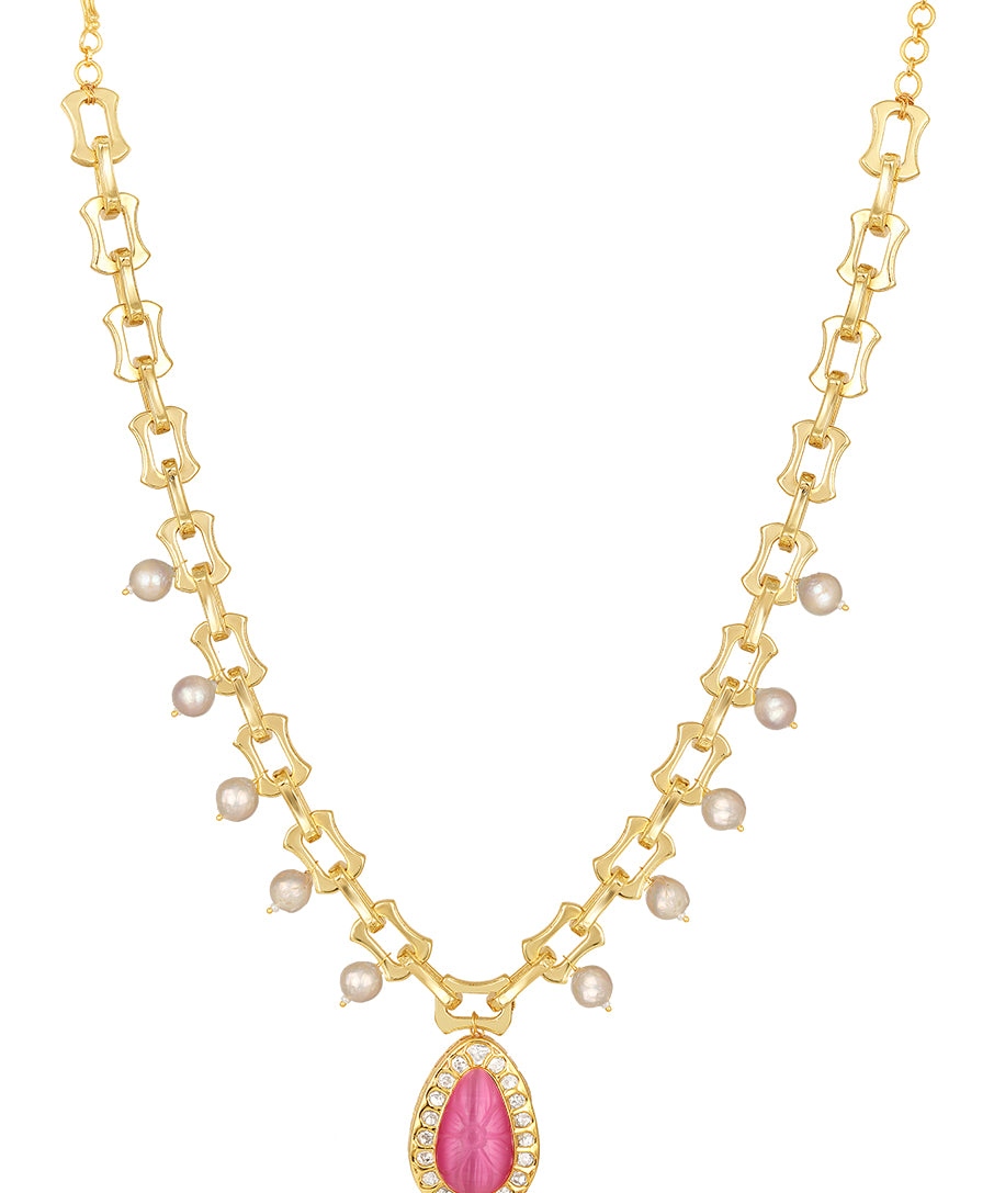 Gold Polished Brass Necklace With Onyx Stone & Shell Pearls