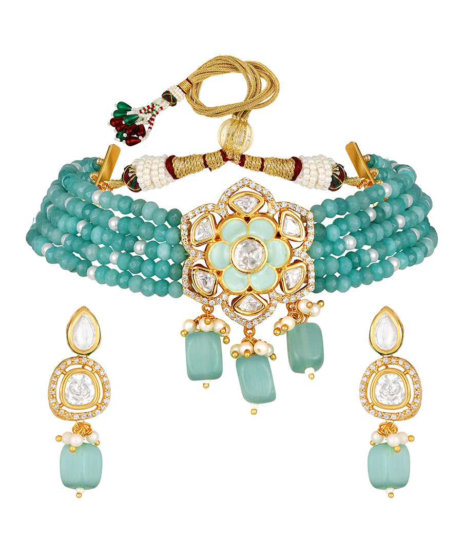 Golden, Blue Kundan Polki, Agate, Shell Pearls Necklace Set