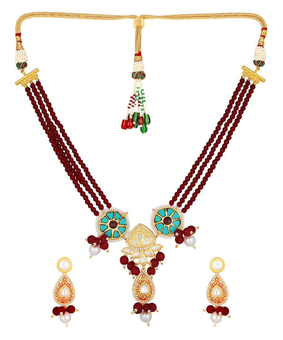 Micron gold polished brass, Agates, Kundan Polki, Hand-Paint Meen Necklace Set