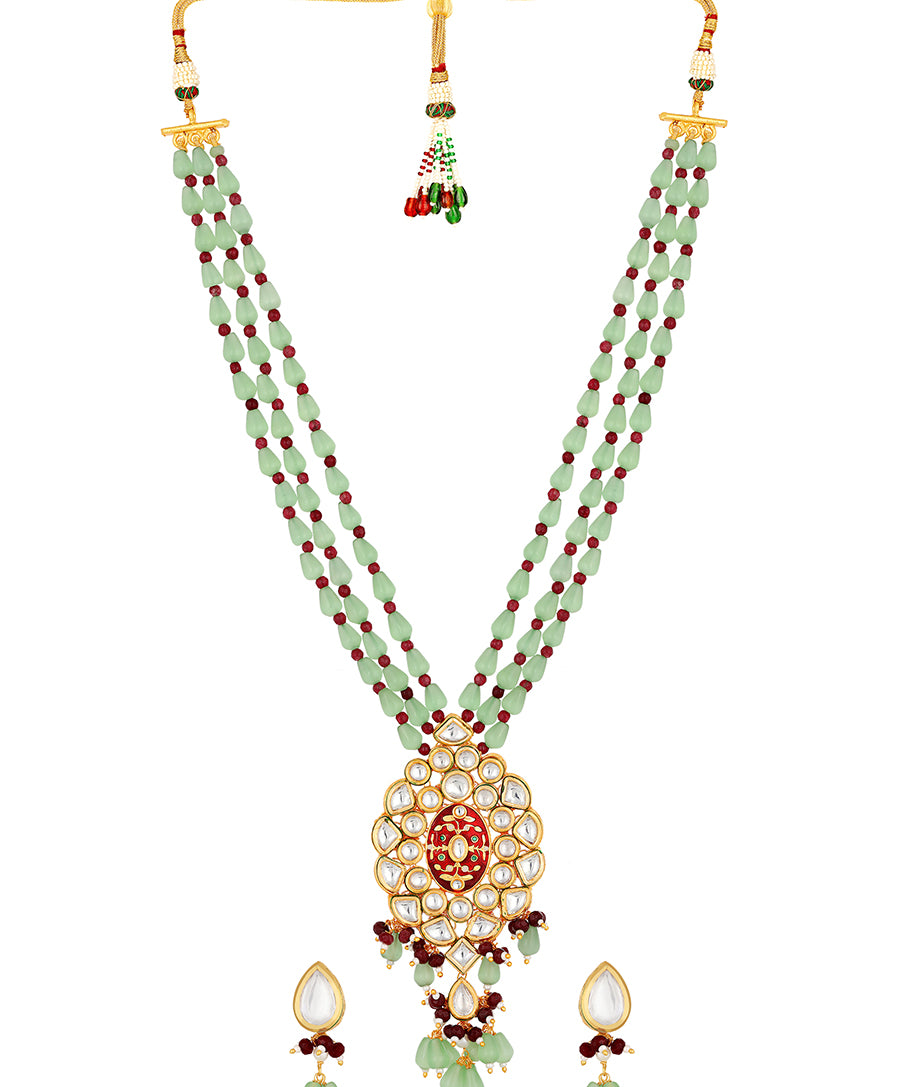 Golden, Mint Green Agates, Kundan Polki Necklace Set