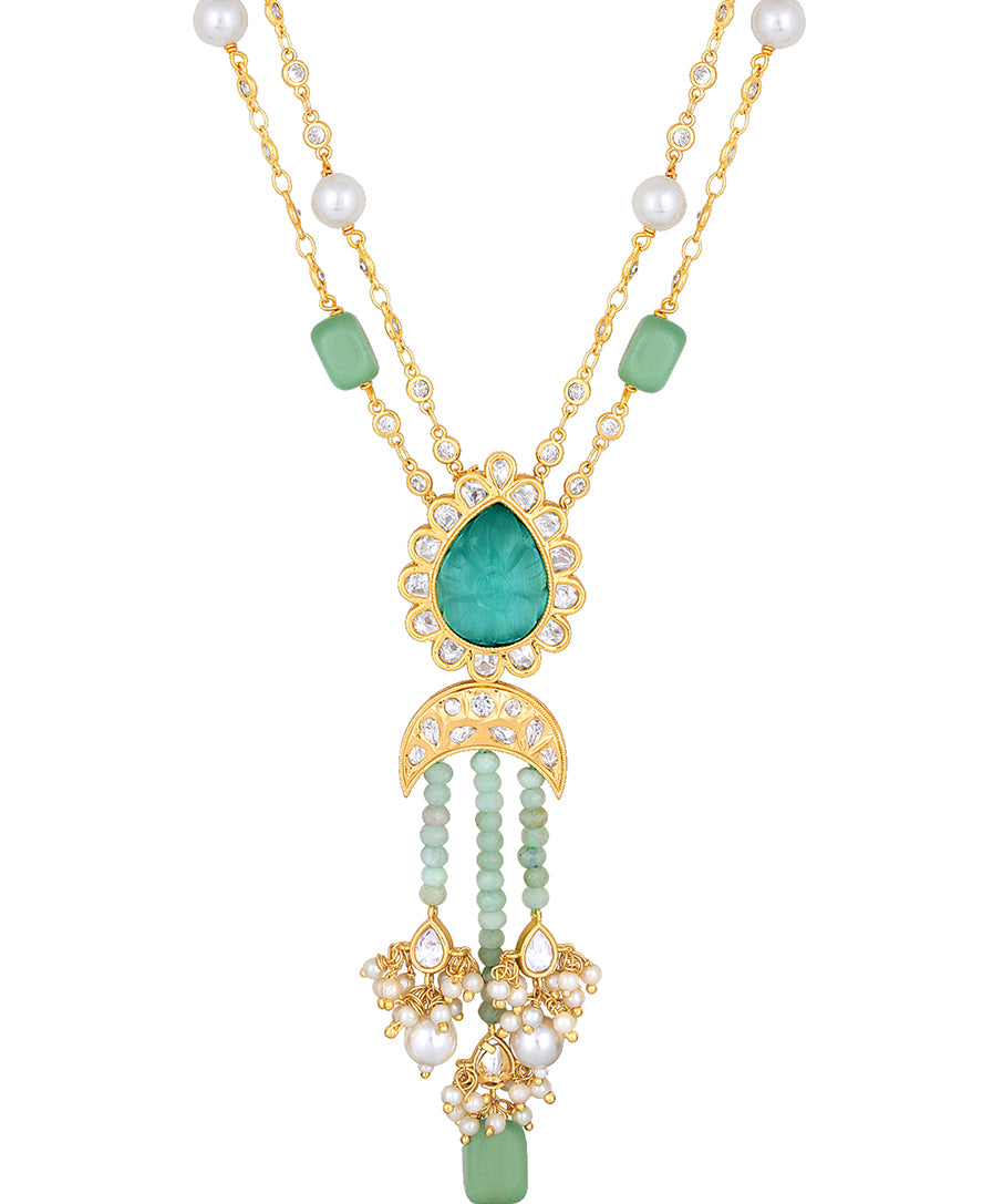 Golden, Mint Green  Agates, Kundan Polki Necklace