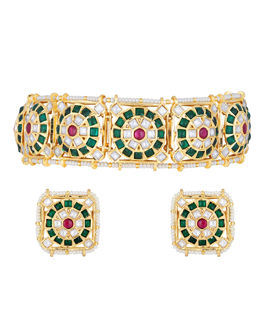 Golden, Creme, Cherry and  Green Kundan Polki Necklace Set