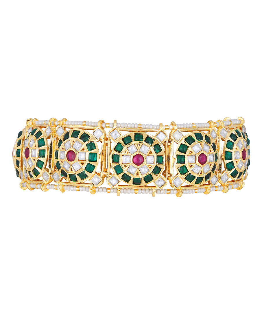 Golden, Creme, Cherry and  Green Kundan Polki Necklace Set