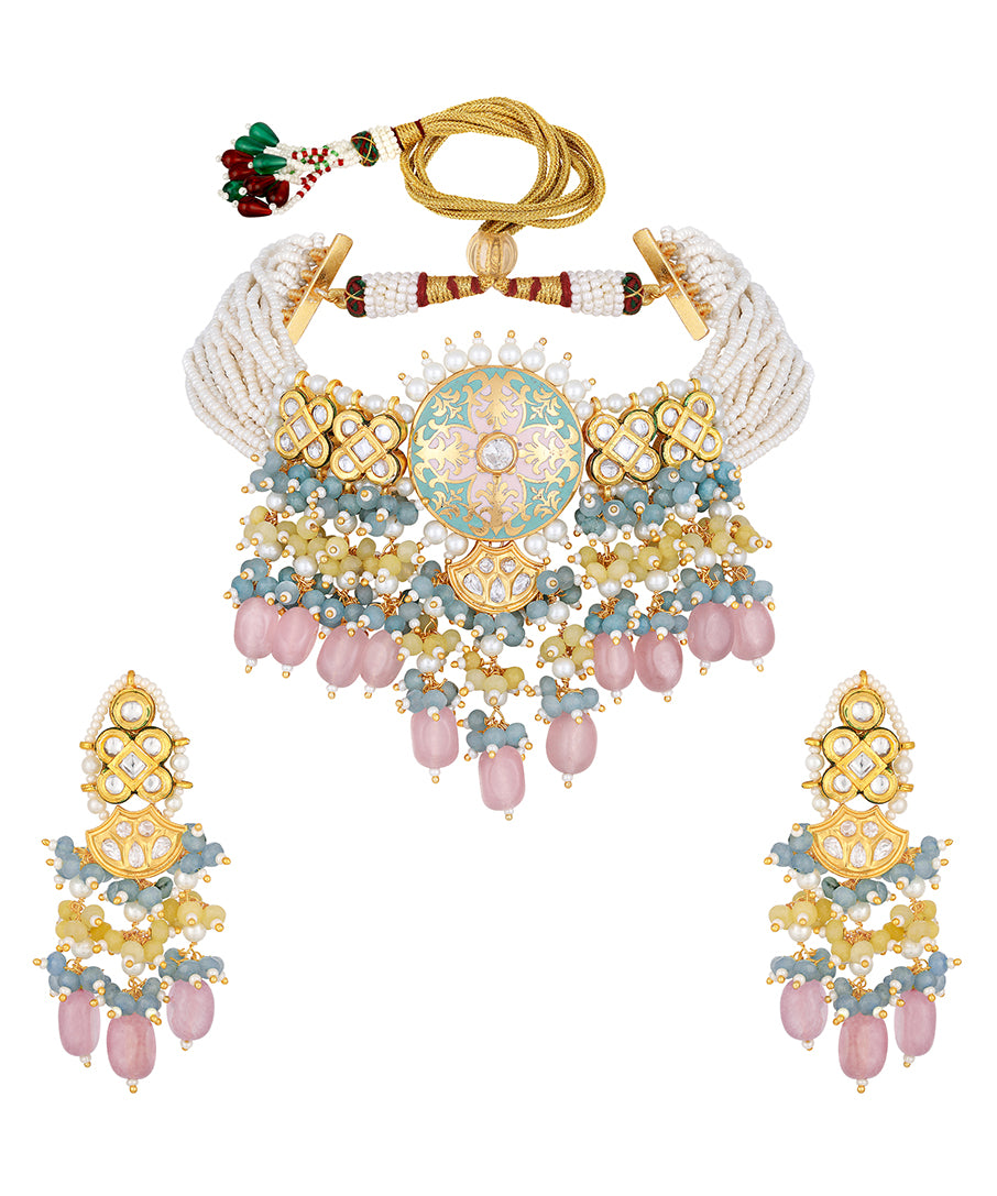 Micron gold polished brass, Agates, Kundan Polki, Pearls Necklace Set