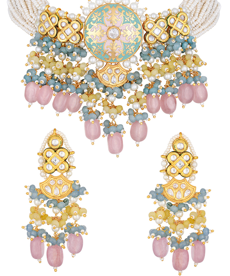 Micron gold polished brass, Agates, Kundan Polki, Pearls Necklace Set