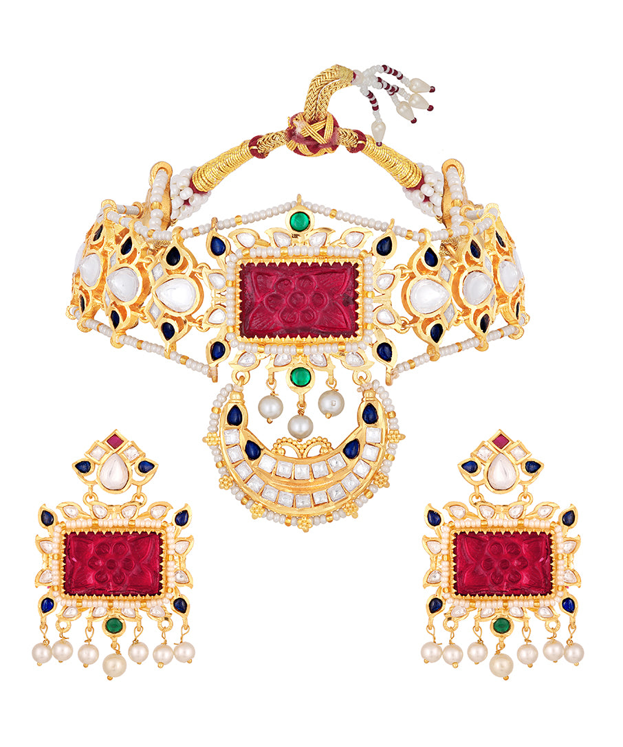 Micron gold polished brass, Agates, Kundan Polki Necklace Set