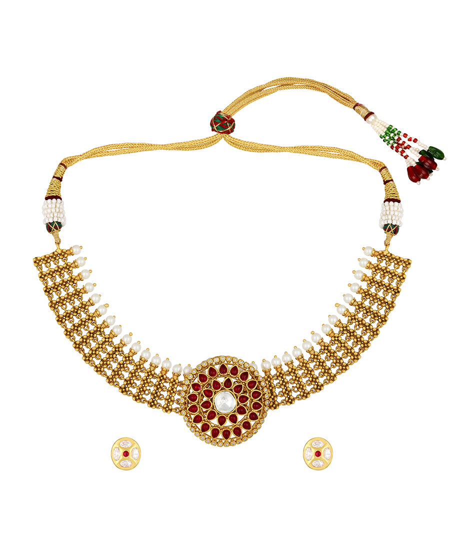Golden, Red, Creme,  Kundan Polki, Pearls, Necklace Set
