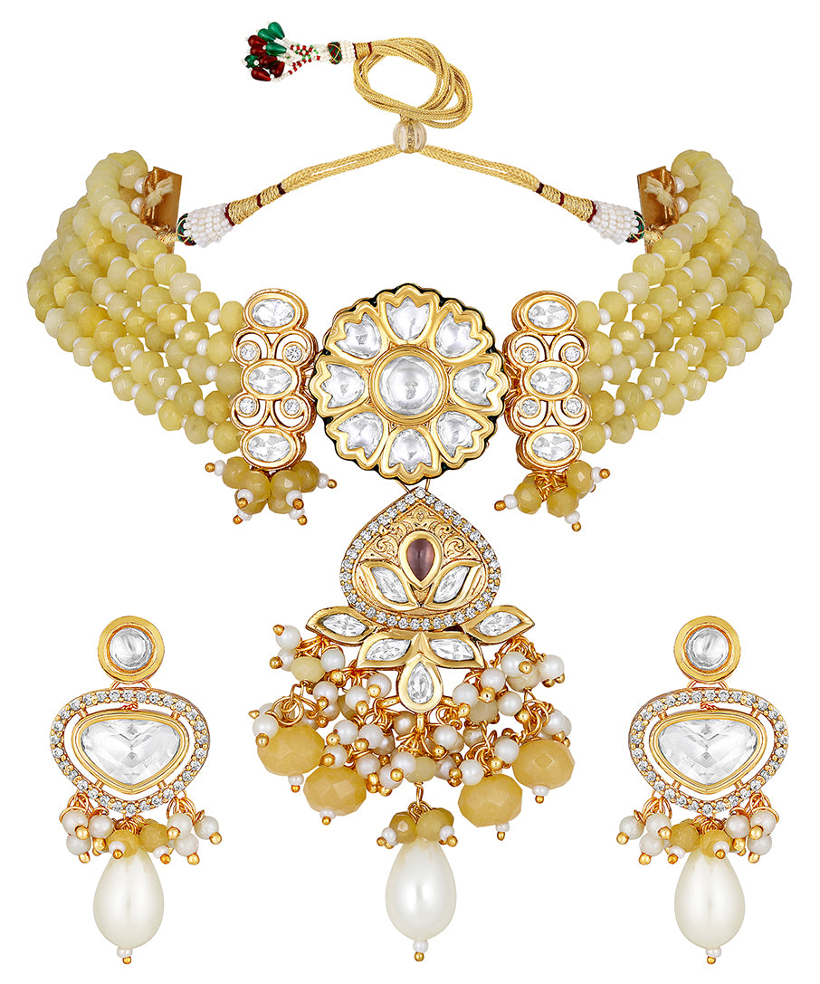 Gold Plated Kundan Choker Necklace with Agate and Onyx
