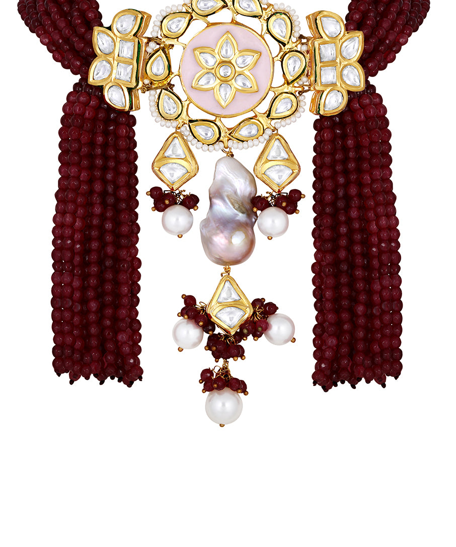 Gold Plated Kundan Necklace with Agate and Pearls