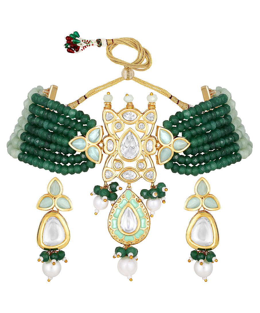 Gold Plated Kundan Choker Necklace with Agate