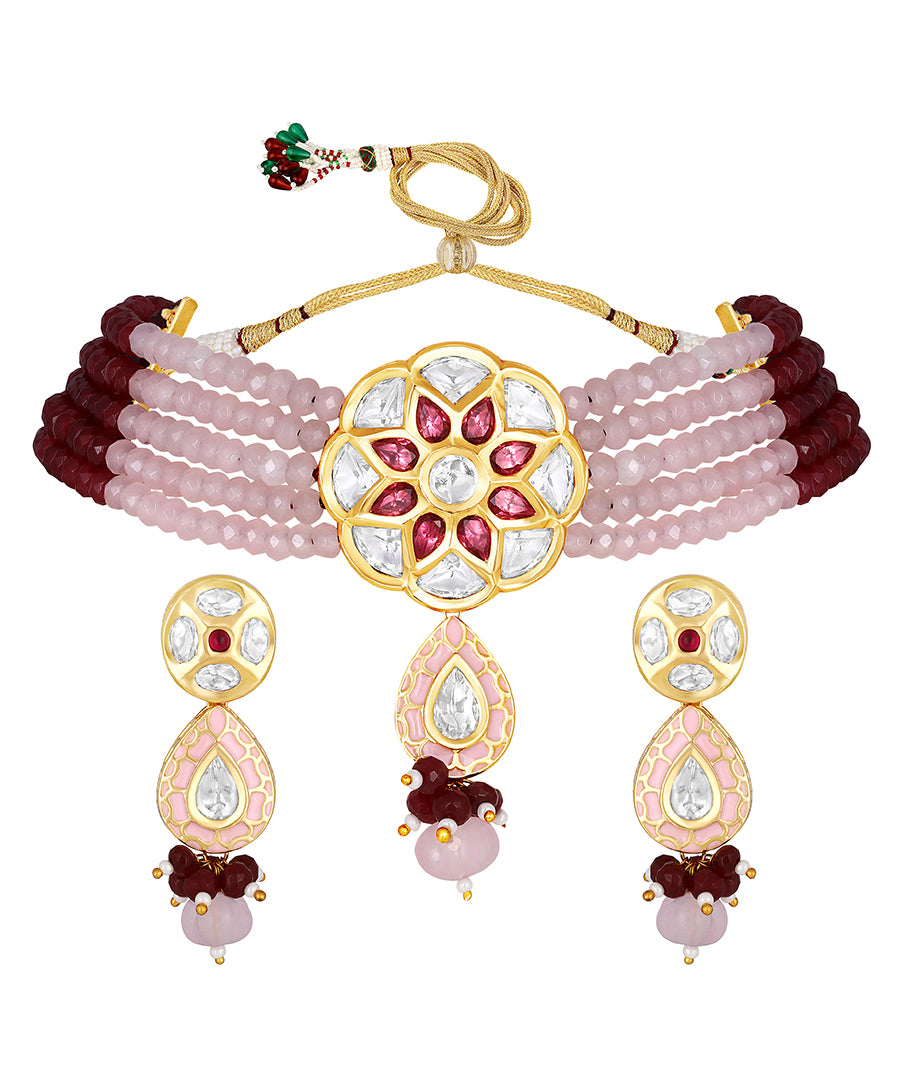 Gold Plated Kundan Necklace with Onyx and Agate