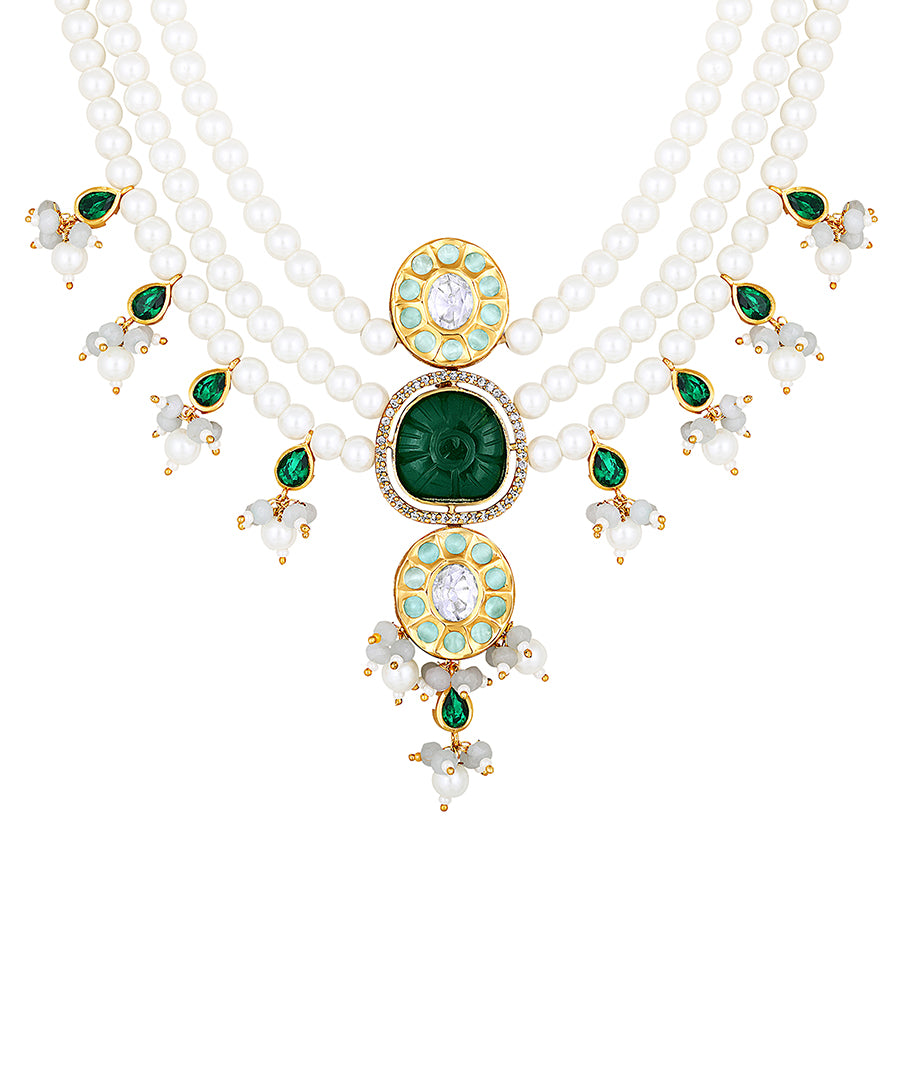 Gold Plated Kundan Necklace with Onyx and Pearls