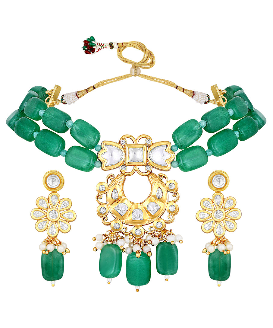 Gold Plated Kundan Necklace with Onyx and Agate