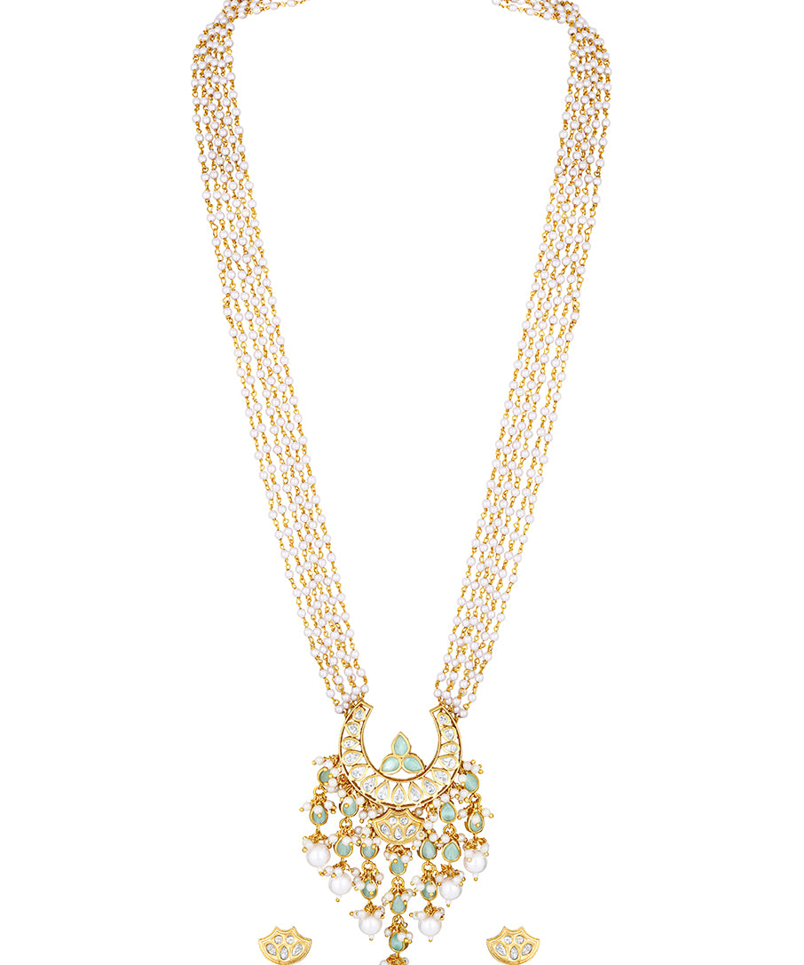 Gold Plated Kundan Necklace with Onyx and Pearls