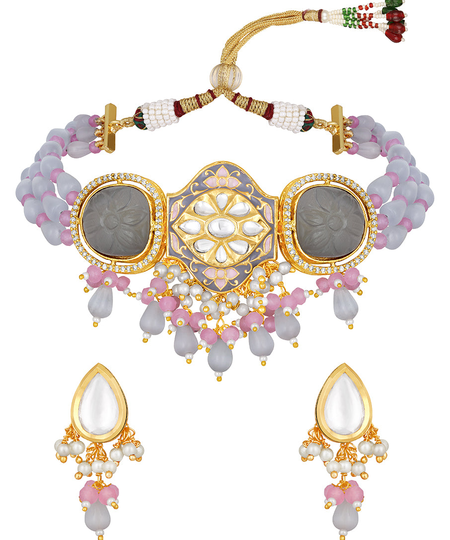 Gold Plated Kundan Necklace with Monalisa and Agate