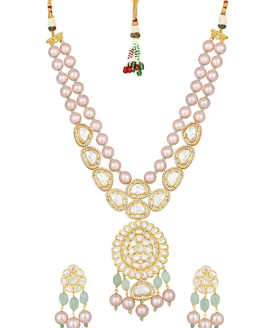 Gold Plated Kundan Necklace with Onyx and Pearls