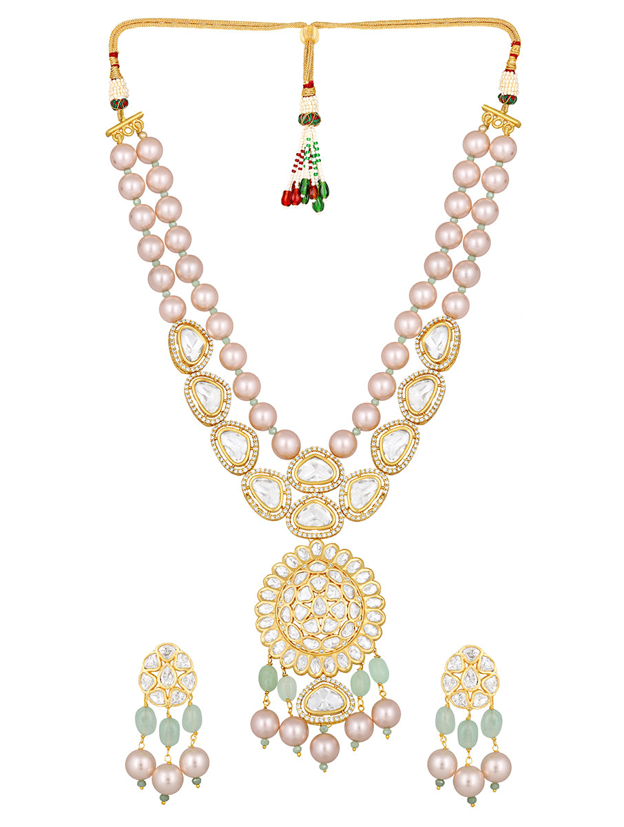 Gold Plated Kundan Necklace with Onyx and Pearls