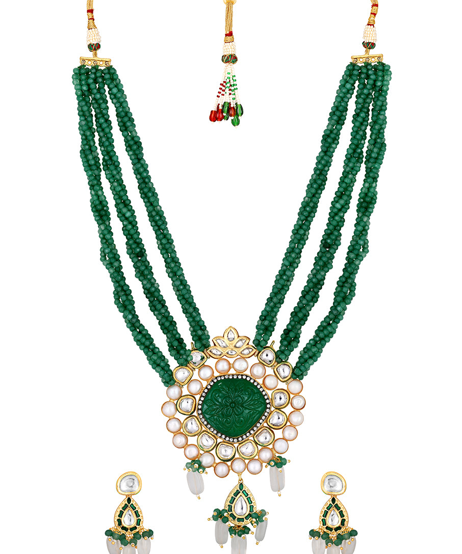 Gold Plated Kundan Necklace with Onyx, Agate and Pearls