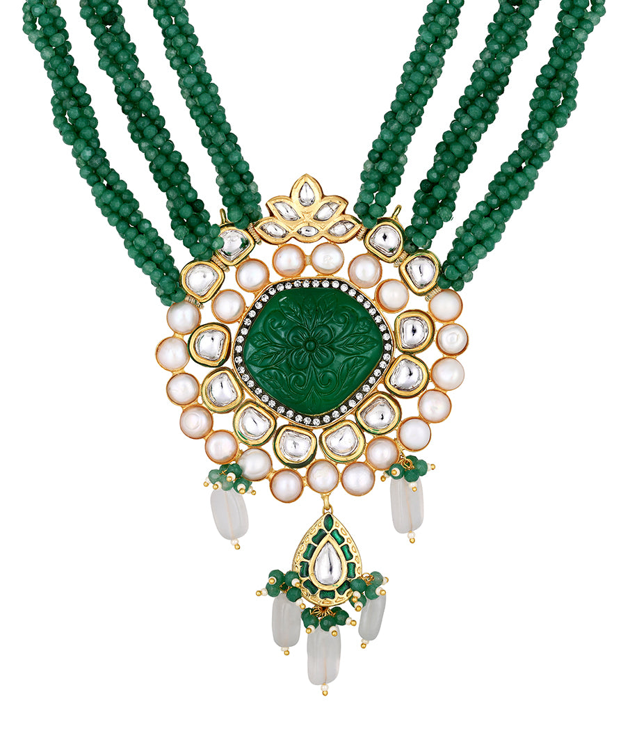 Gold Plated Kundan Necklace with Onyx, Agate and Pearls