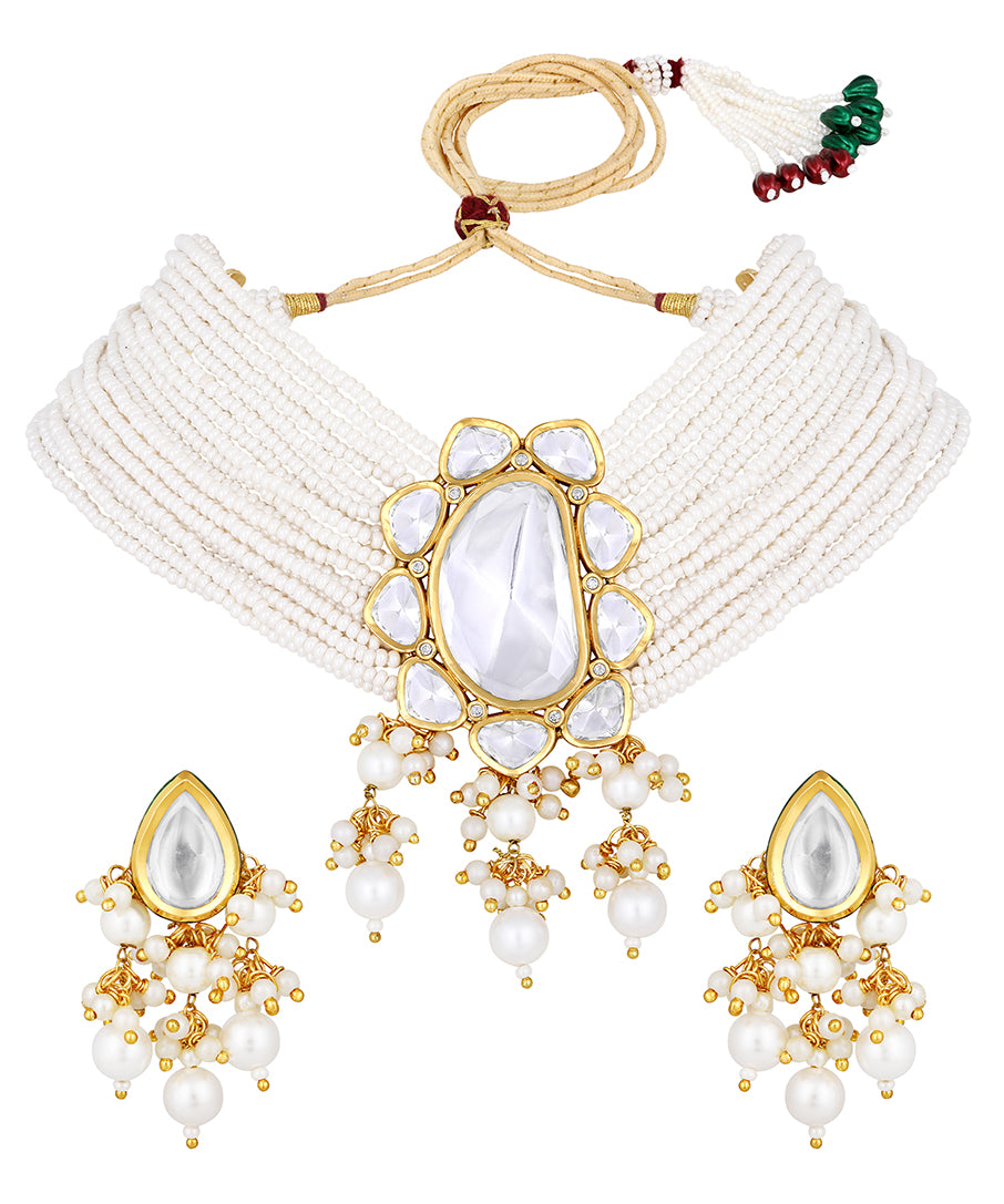 Gold Plated Kundan Necklace with Pearls