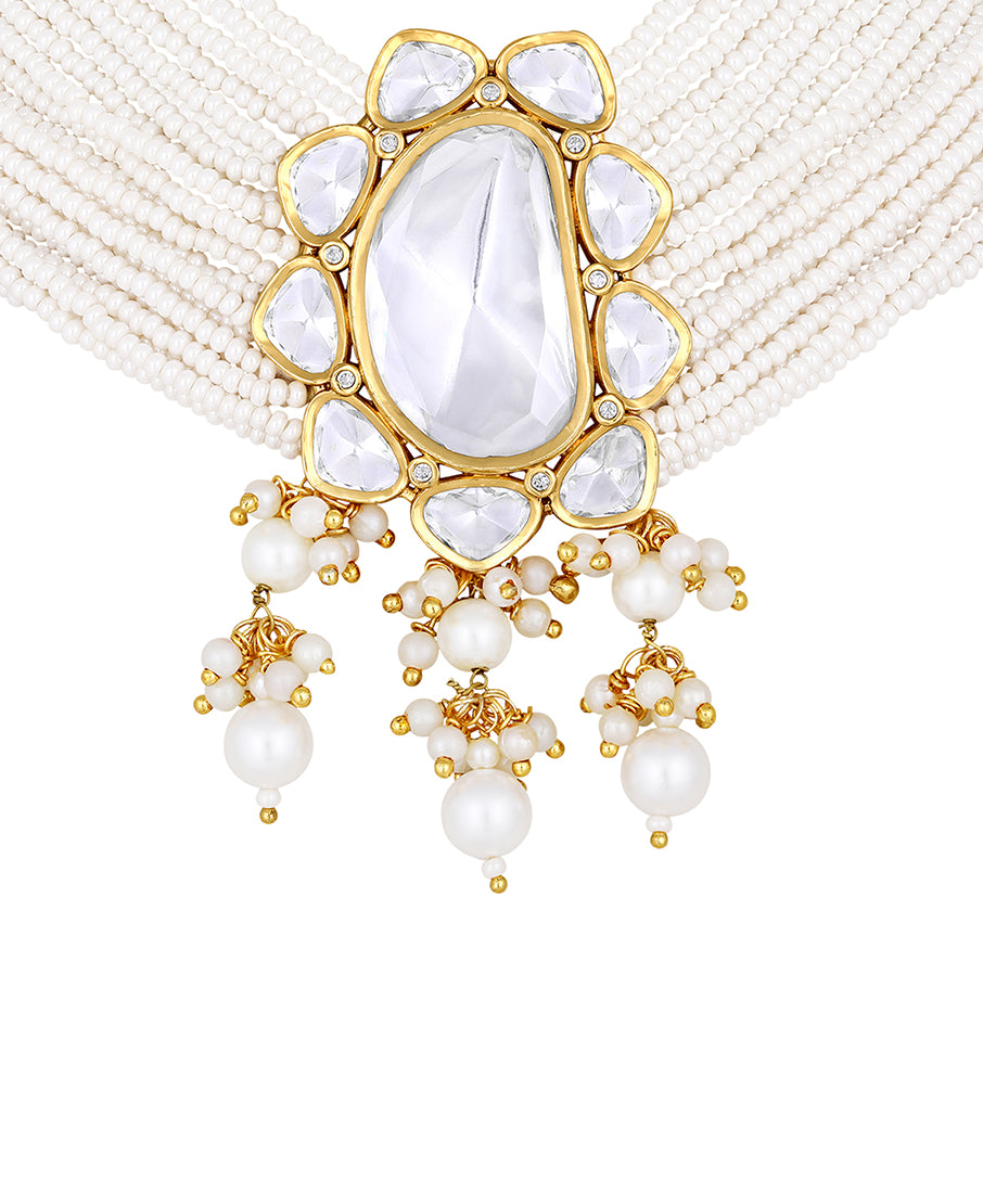 Gold Plated Kundan Necklace with Pearls