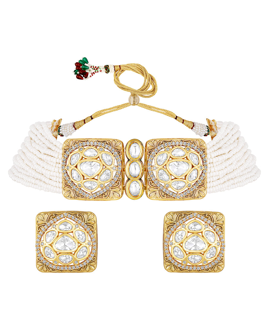 Gold Plated Kundan Necklace with Pearls