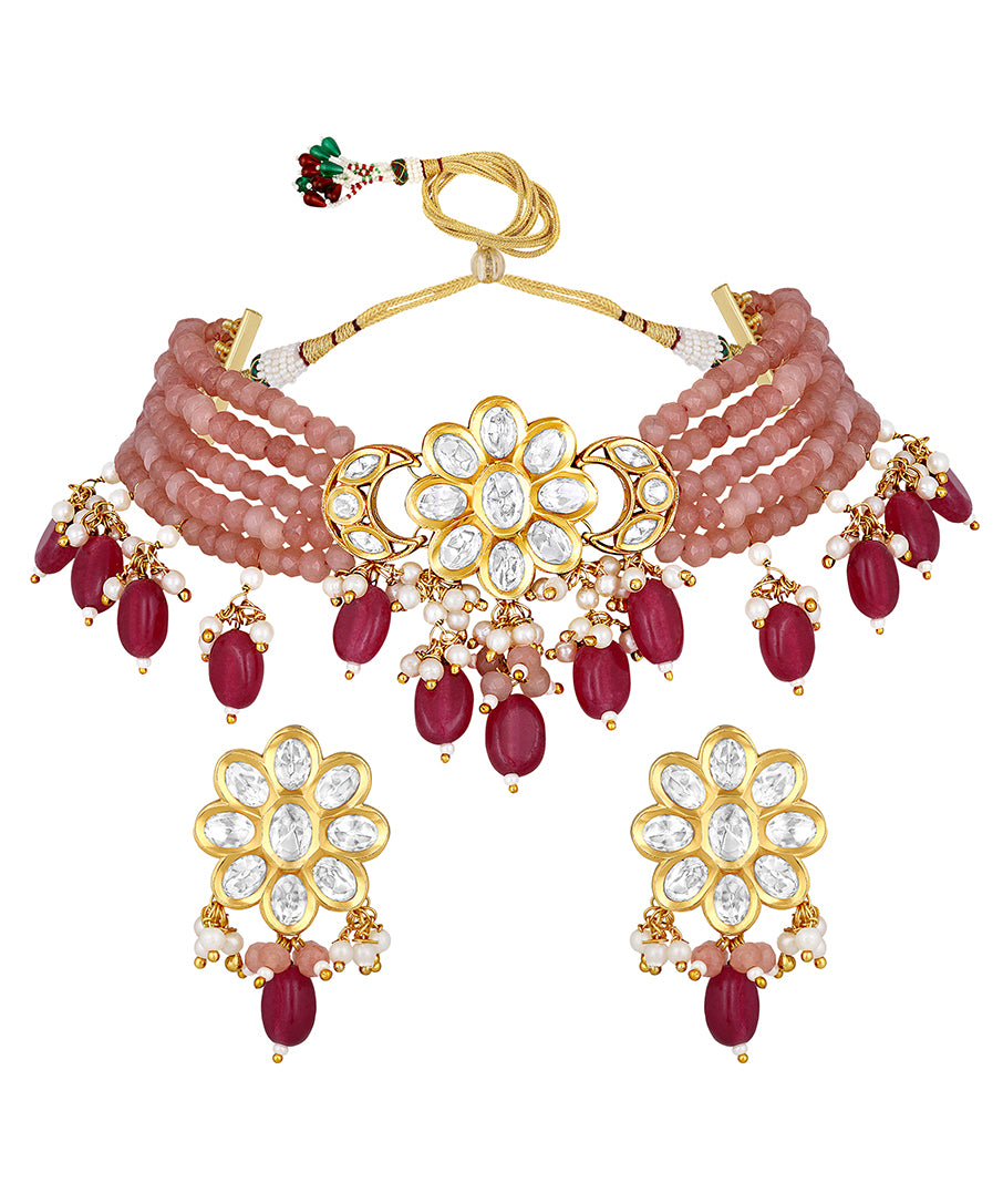 Gold Plated Kundan Necklace with Onyx and Agate