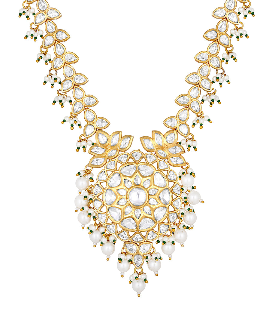 Gold Plated Kundan Necklace with Agate and Pearls