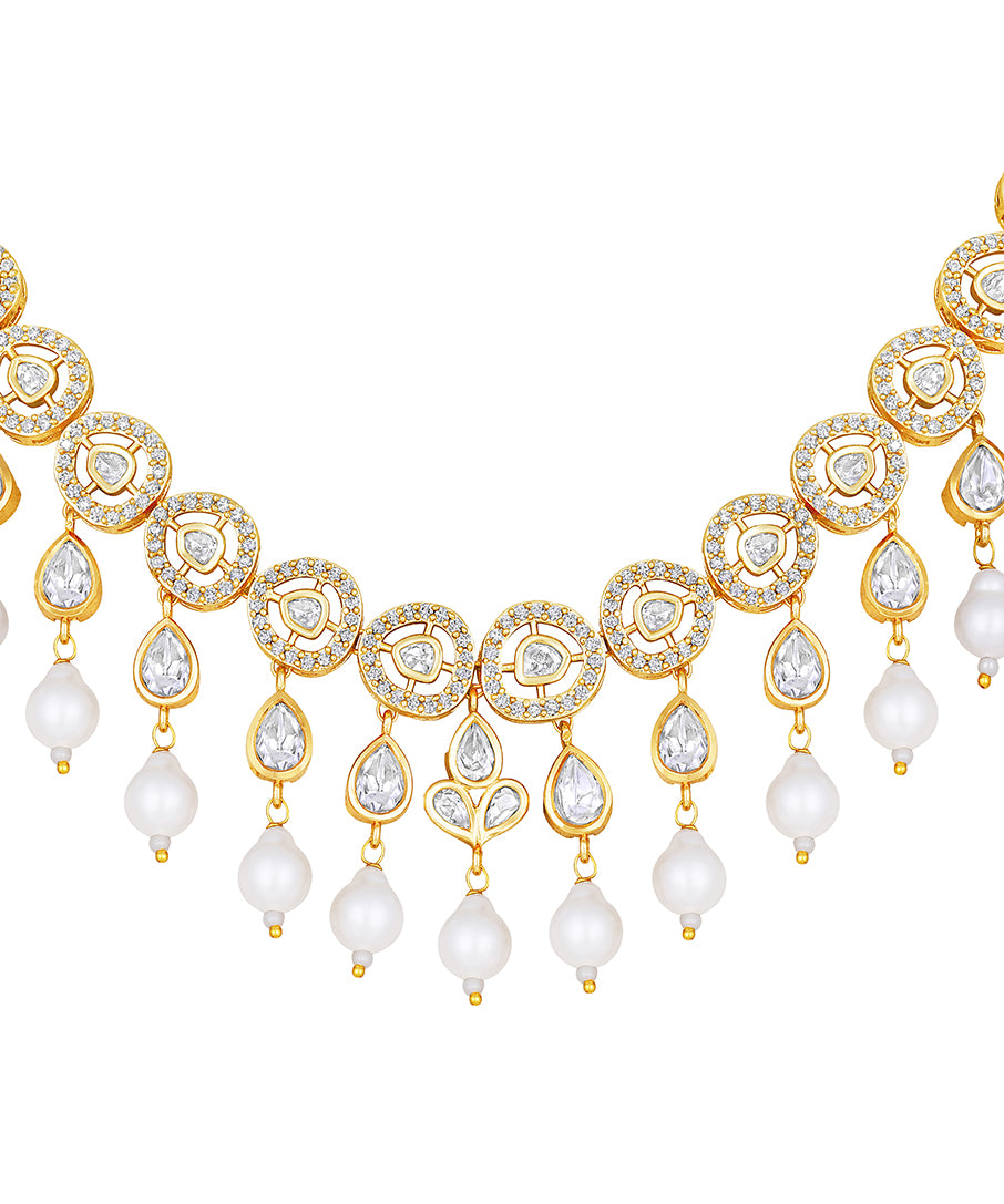 Gold Plated Kundan Necklace with Agate and Pearls