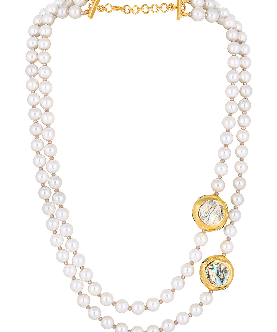 Gold Plated Pearl Beaded Necklace with Mother of Pearl