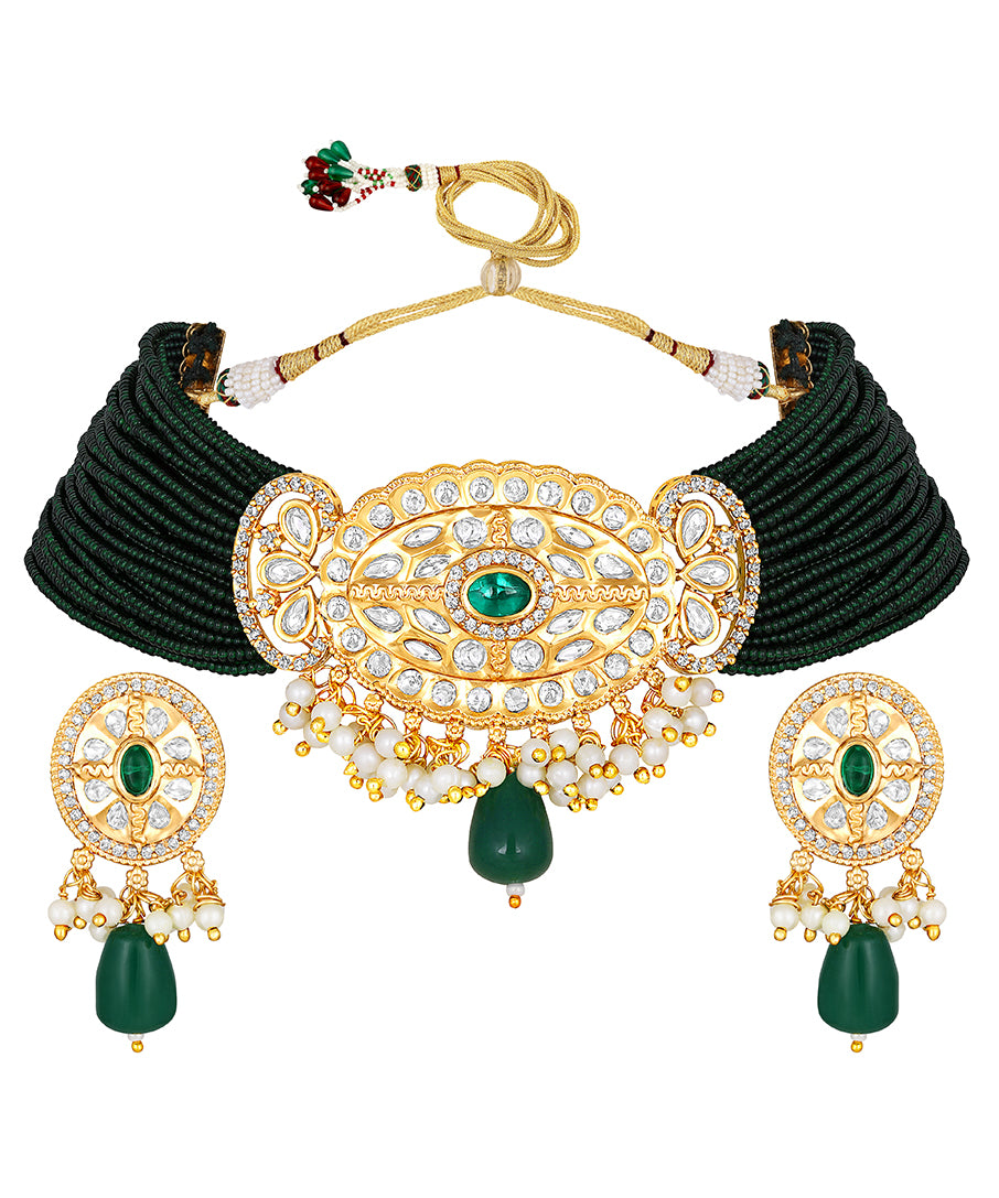 Gold Plated Kundan Necklace with Agate and Pearls