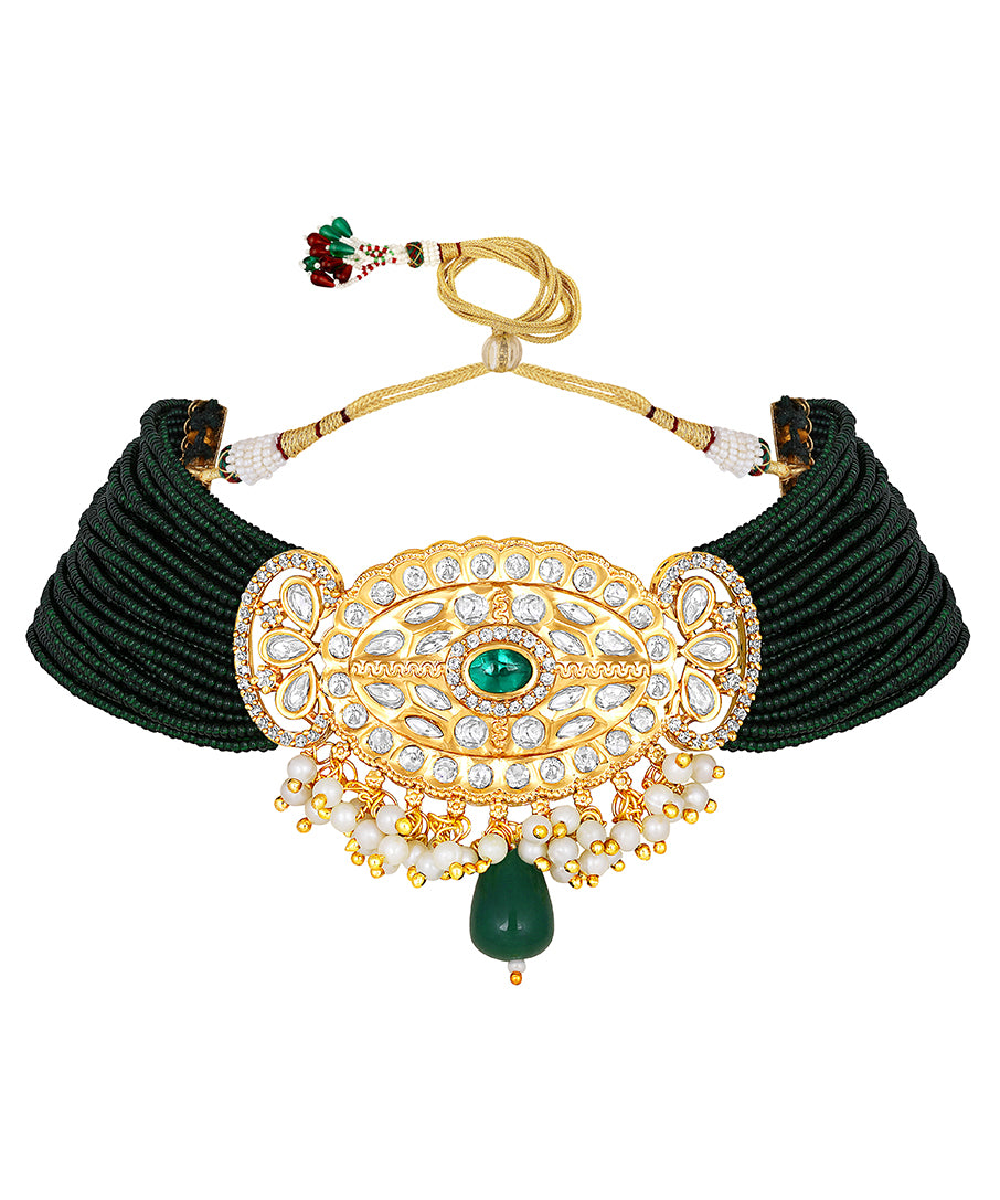 Gold Plated Kundan Necklace with Agate and Pearls