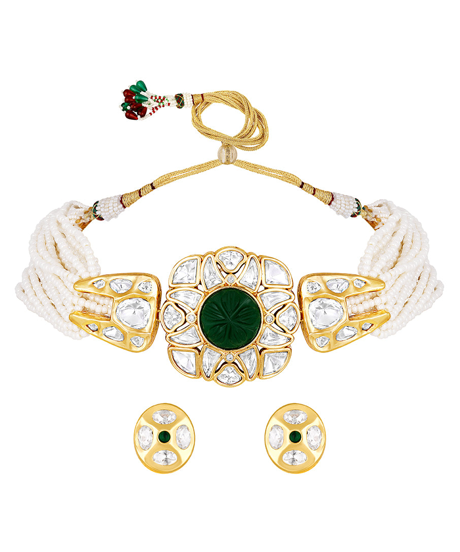 Gold Plated Kundan Necklace with Onyx and Pearls