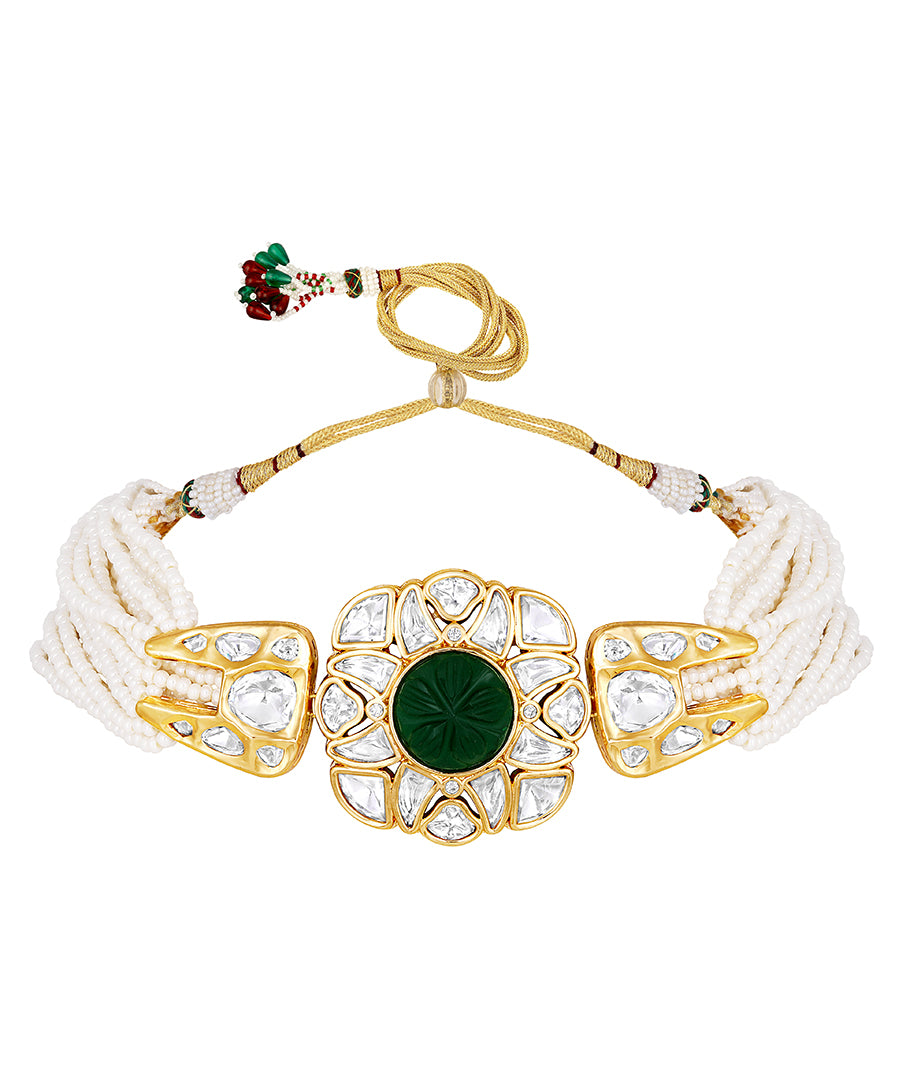 Gold Plated Kundan Necklace with Onyx and Pearls