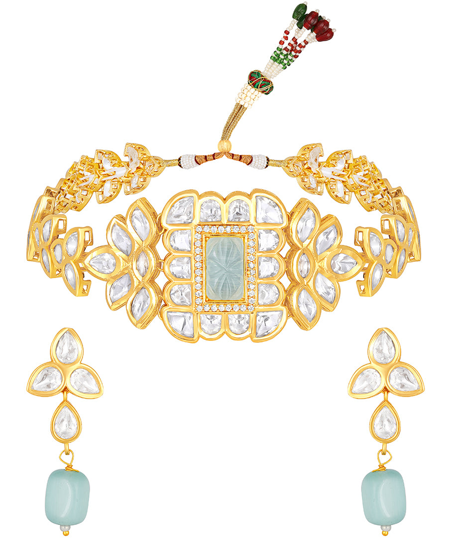 Gold Plated Kundan Necklace with Onyx and Monalisa