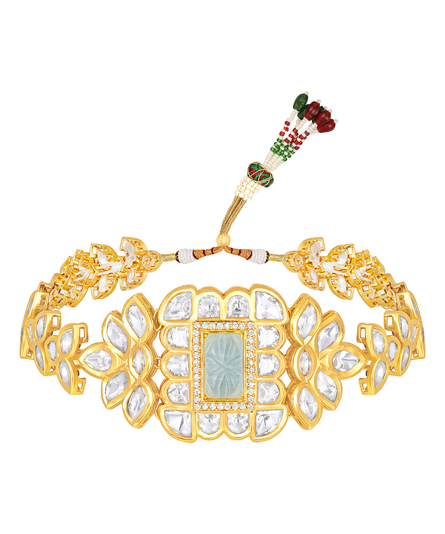 Gold Plated Kundan Necklace with Onyx and Monalisa